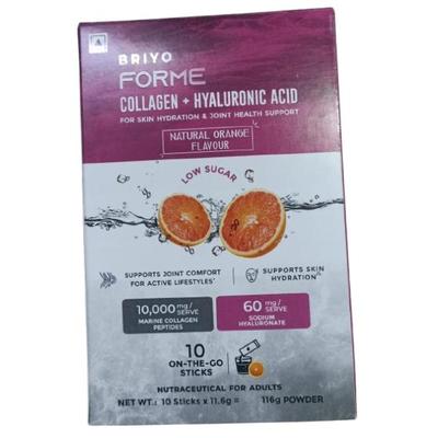 Briyo Forme Collagen + Hyaluronic Acid Structural Support Drink Mix Sugar Free Sachets - Orange Flavour (Pack of 10 x 11.6 g) - Nutritional Supplement