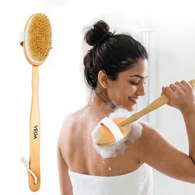 Vega Long Handle Wooden Bath Brush, Detachable For Men & Women, (Nba-1/3) - Loofahs & Sponges