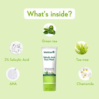 WishCare 2% Salicylic Acid Face Wash with AHA GreenTea Chamomile & TeaTree - For Oil & Acne Control 100 ml - Face Washes