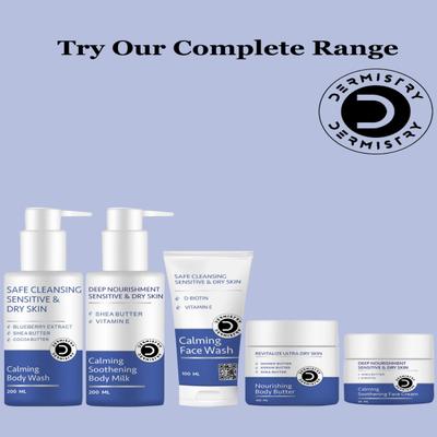 Dermistry Sensitive & Dry Skin Calming Soothening Body Milk Lotion 200 ml + Safe Cleansing Sensitive & Dry Skin Calming Face Wash 100 ml - Face Wash & Cleansers