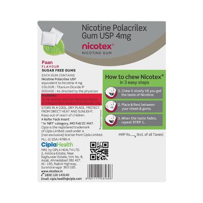 NICOTEX PAAN FLAVOUR SUGAR FREE GUMS 4mg Tablet 12's - Smoking cessation