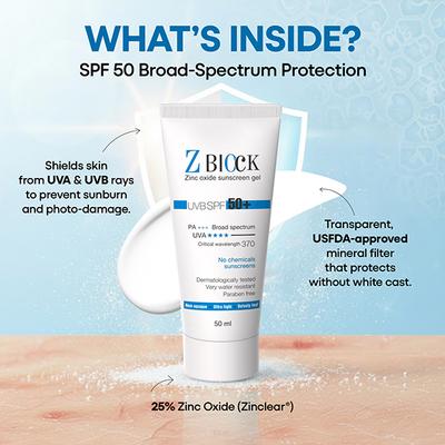 Z BLOCK UVB SPF 50+ PA+++ Sunscreen Gel 50ml - Sunscreen Preparations-Oth