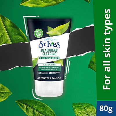 St Ives Green Tea & Bamboo Blackhead Clearing 3 In 1 Face Scrub With 100% Natural Exfoliants 80 gm - Scrubs & Exfoliants