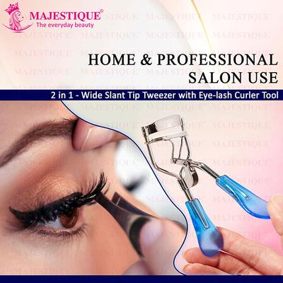 Majestique Eyelash Curler with Slant Tip Tweezer Suitable for All Eye Shapes - Multicolor 2's - Tweezers
