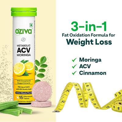 OZiva ACV Moringa for Weight Loss, 3-in-1 Fat Oxidation Formula, Lemon Masala 15's - Weight Loss