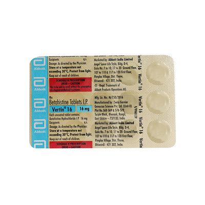 Vertin 16mg Tablet 15'S - Vertigo-Ant