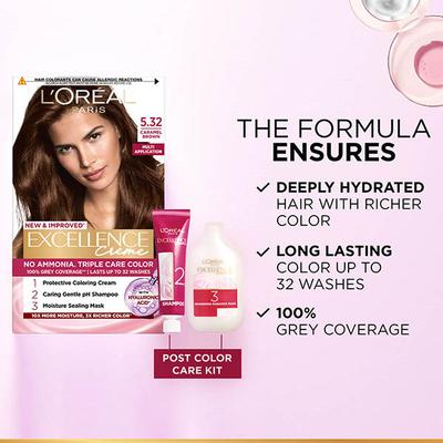 Loreal Paris Excellence Creme Hair Color No Ammonia with French Rose Oil Triple Care Color, 5.32 Caramel Brown 100gm+72ml 1's - Crème