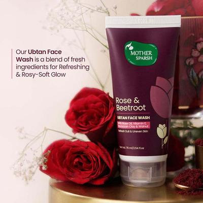 Mother Sparsh Rose and Beetroot Ubtan Face Wash for Dull and Uneven Skin with Rose Oil Vitamin E Moroccan Clay and Walnut 75ml - Face Wash & Cleansers