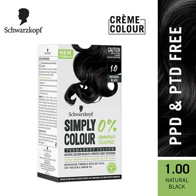 Schwarzkopf Simply Colour Permanent Hair Colour For 100% Grey Coverage - 1.00 Natural Black 142.5 ml - Crème