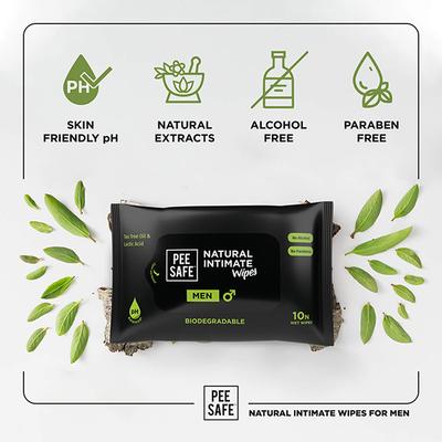 Pee Safe Biodegradable Natural Intimate Wet Wipes with Tea Tree Oil and Lactic Acid for Men 10's - Tissues & Wipes