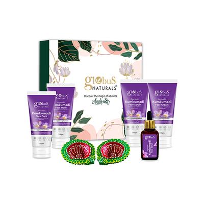 Globus Naturals Karwachauth Kumkumadi Glow Gift Box - Face Wash 100gm, Face Cream 100gm, Face Scrub 100gm, Face Pack 100gm and Face Serum 30ml 1's - Makeup Kits & Sets