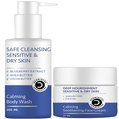 Dermistry Safe Cleansing Sensitive & Dry Skin Calming Body Wash 200 ml + Sensitive And Dry Skin Calming Soothening Face Cream 50 ml - Face Creams