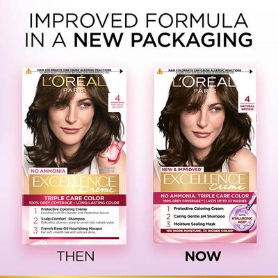 L'Oreal Paris Excellence Creme Hair Color, 4 Natural Brown 100gm+72ml - Crème