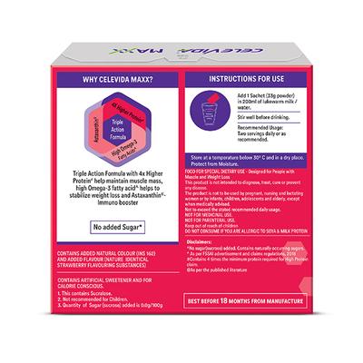 Celevida Maxx Nutritional Powder - Strawberry Flavour (Pack of 14 x 33 gm) - Weight Gain