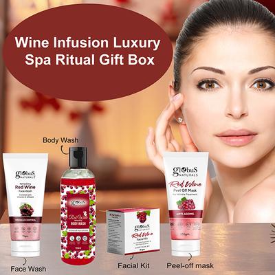 Globus Naturals Wine Infusion Luxury Spa Ritual Gift Box, Box Includes - Red Wine Body Wash 100ml + Red Wine Face Wash 75gm+ Red Wine Facial Kit 40gm + Peel Off Mask 100gm 1's - Creams, Lotions & Oils