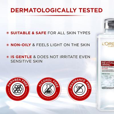 L'Oreal Paris Revitalift Crystal Purifying Micellar Water With Oil-Free Technology, Cleanses pores & removes makeup 400 ml - Face Wash & Cleansers