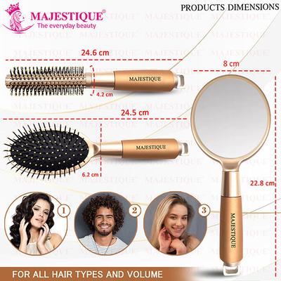 Majestique Round and Oval Cushion Hair Brush Set with Handle Mirror for All Types Style 3's - Hair Brushes