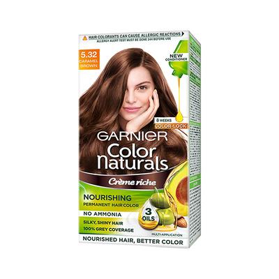 Garnier Color Naturals Creme Rich Nourishing Permanent Hair Color No Ammonia 10x Natural Oil Shade 5.32 Caramel Brown 70ml+60gm 1's - Crème