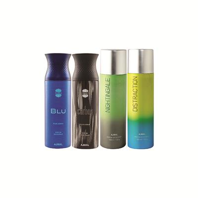 Ajmal 1 Blu Homme, 1 Carbon Homme, 1 Nightingale And 1 Distraction Deodorants Pack of 4 200 ml - Deodorants/Roll-Ons