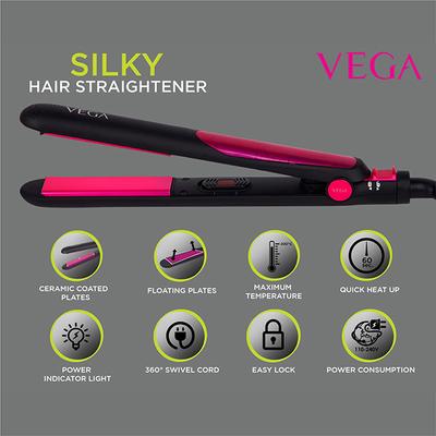 VEGA Silky Hair Straightener With Ceramic Coated Plates (VHSH-06) Pink 1 gm - Straighteners