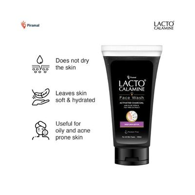 Lacto Calamine Activated Charcoal Face Wash with Aloe Vera & Tea Tree Extract for Deep Skin Detox 100ml 3's - Face Wash & Cleansers