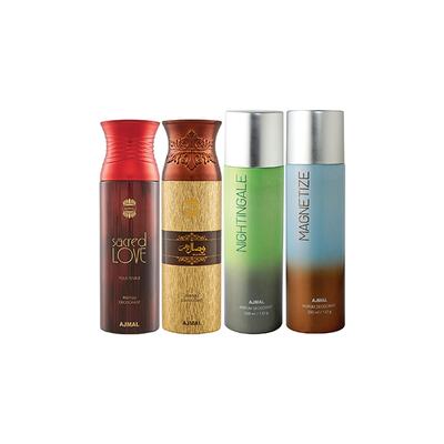 Ajmal 1 Sacred Love, 1 Wisal Dhahab, 1 Nightingale And 1 Magnetize Deodorants Pack of 4 200 ml - Deodorants/Roll-Ons
