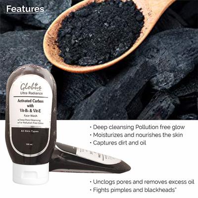 Globus Remedies Activated Carbon with Vitamin B3 and Vitamin E Face Wash 200 ml - Face Washes
