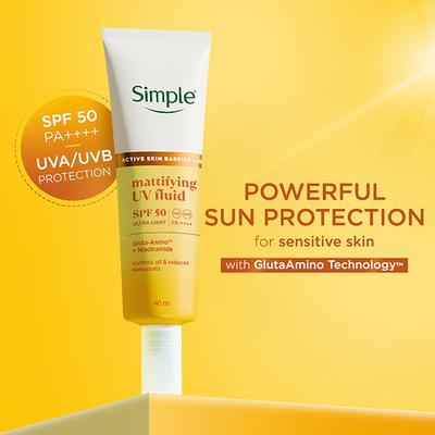 Simple Mattifying UV Fluid SPF 50 PA++++ with Niacinamide| Sunscreen for oily & sensitive skin, 40ml - Body Sunscreen