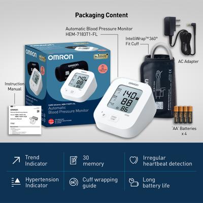 Omron Fully Automatic Upper Arm Digital Blood Pressure Monitor with Large Display (HEM-7183T1-FLBIN) 1's - Blood Pressure Monitor Device