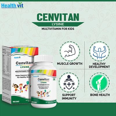 Healthvit Cenvitan Lysine Multivitamin for Kids Helps Improve Appetite for Healthy Growth- Tablets 60's - Multi-Vitamins