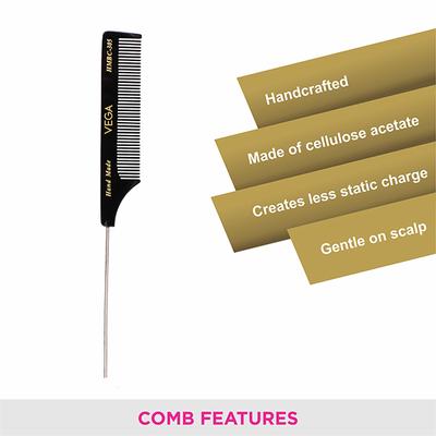 Vega Tail Hair Comb with Steel Pin for Women, Black, (VC2HMBC-305) 2's - Hair Combs