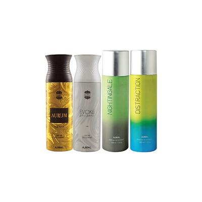 Ajmal 1 Aurum Femme, 1 Evoke Silver Edition For Him Homme, 1 Nightingale And 1 Distraction Deodorants Pack of 4 200 ml - Deodorants/Roll-Ons