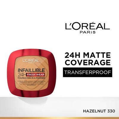 L'Oreal Paris Infallible 24H Fresh Wear Foundation in a Powder, Transferproof, Hazelnut 330 9 gm - Foundation