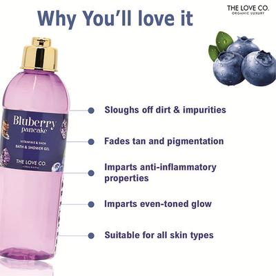 The Love Co. Luxury Blueberry Pancake Body Wash - Bath & Shower Gel for Men & Women - All Skin Types - 100% Vegan 250 ml - Shower Gels & Body Wash