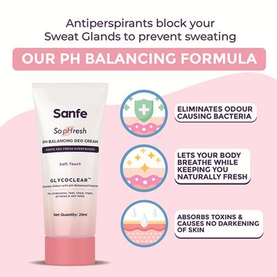 Sanfe So PHresh PH Balancing Deo Cream - Soft Touch for Underarms, Feet Intimates and Skin Folds 20 ml - Intimate Hygiene