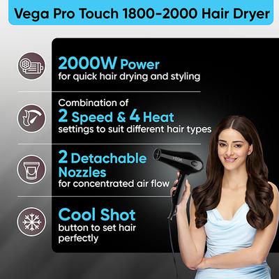 Vega Pro Touch 2000W For Women & Men With Cool Shot Button, 2 Heat/2 Speed Settings & 2 Nozzles (Vhdp-02) - Hair Dryers