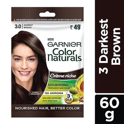 Garnier Color Naturals Creme Riche Sachet, Shade 3, Darkest Brown 60 gm - Sachet/Shampoo