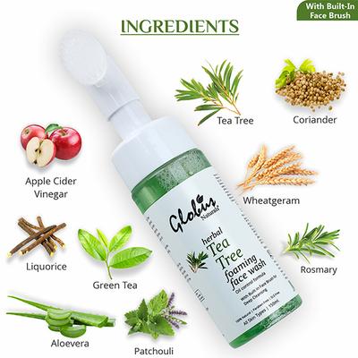 Globus Naturals Tea Tree Oil Control Foaming Face Wash With Built-In Face Massage Brush 150ml - Face Wash & Cleansers