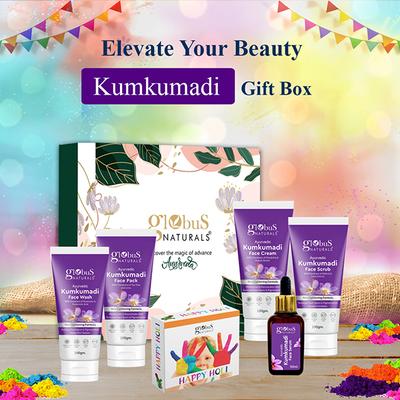 Globus Naturals Pre and Post Holi Ritual Herbal Kumkumadi Skin Care Gift Box, for All Skin Types - Both Men and Women - Face Wash 100gm, Face Scrub 100gm, Face Cream 100gm, Face Pack 100gm, Face Serum 30ml 1's - Makeup Kits & Sets