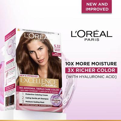 Loreal Paris Excellence Creme Hair Color No Ammonia with French Rose Oil Triple Care Color, 5.32 Caramel Brown 100gm+72ml 1's - Crème