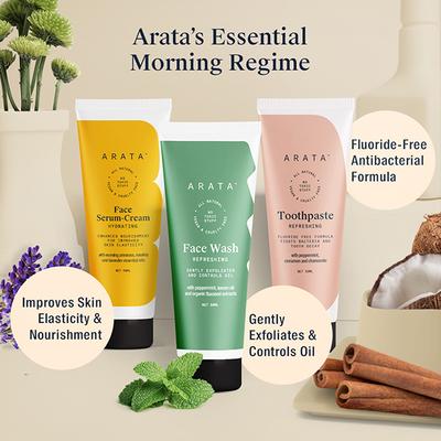 Arata Essential Morning Regime (Facewash, Face Cream & Toothpaste) 50ml each - Face Serum