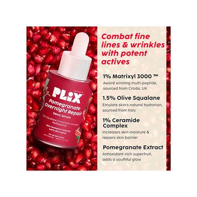 PLIX Pomegranate Overnight Repair Dewy Serum for Ageless Younger Skin, Reduce Fine & Wrinkles, Collagen Boosting, Hydrating Serum for Women & Men, Anti-ageing 30 ml - Face Gels