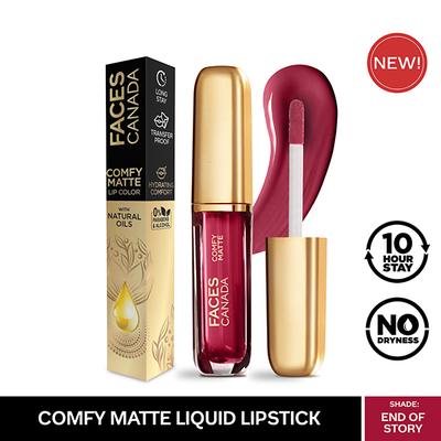 Faces Canada Comfy Matte Lip Color - End Of Story 03, 10Hr Long Stay with Comfort Almond Oil 3 ml - Lipsticks