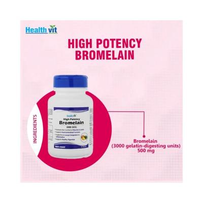 Healthvit High Potency Bromelain 3000 GDU/Gram Natural Supplement, Non-Synthetic, 500 mg- Capsules 60's - Herbal Dietary Supplement