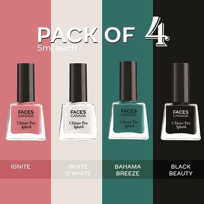 Faces Canada Ultime Pro Splash Mini Nail Enamel, Black Beauty + White O White + Bahama Breeze + Ignite, 20ml 1's - Nail Polish