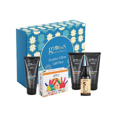 Globus Naturals Pre and Post Holi Ritual Ayurvedic Skin Care Gift Box for Men, for All Skin Types - Face Wash 100gm, Face Scrub 100gm, Peel Off Mask 100gm and Beard Oil 50ml 1's - Makeup Kits & Sets