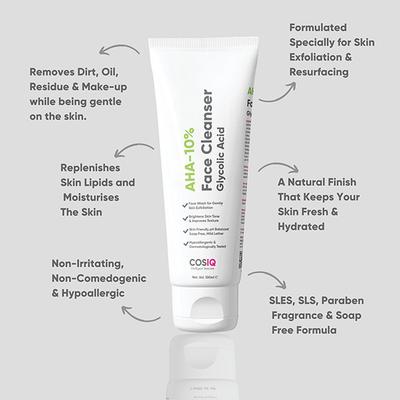 Cos-IQ AHA Glycolic Acid 10 percent Face Cleanser Face Wash For Acne and Pimple Glowing Skin for Unisex - 100 ml - Face Wash & Cleansers