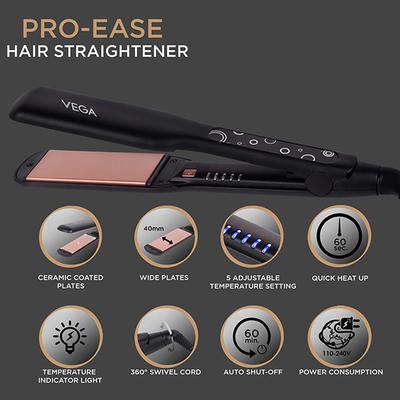 Vega Pro Ease Hair Straightener with Temperature and Wide Ceramic Coated Plates (VHSH-26) Black 1's - Straighteners