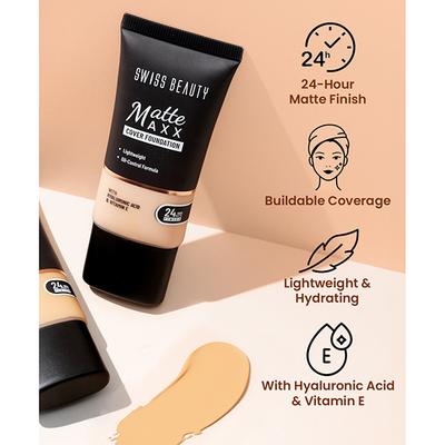 Swiss Beauty Matte Maxx Cover Foundation, 24- Hour Stay, with Hyaluronic Acid & Vitamin E, Oil-Control Formula 5- Neutral Sand 30 gm - Foundation