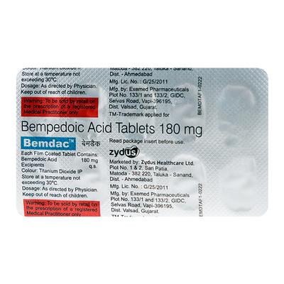 BEMDAC 180 Tablet 10's - High Cholesterol-Dys